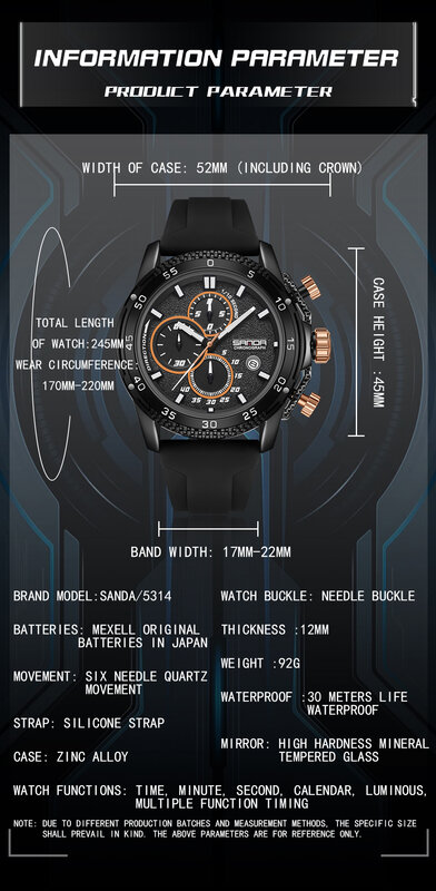 SANDA-Orange Sport Relógios para Homens, Cronógrafo Luminoso, Quartz Wristwatch, Auto Date, Silicone Strap, Impermeável, Moda, 5314
