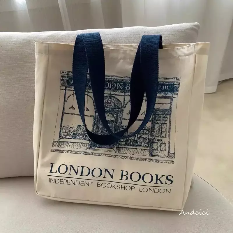 TOUB05 tas bahu kanvas wanita, tas jinjing kasual wanita motif buku London kapasitas besar dapat digunakan kembali