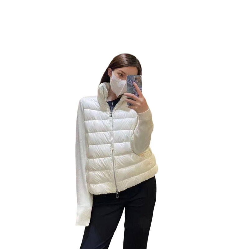 Women Fashion Warm Down Jackets and Knitted Part Patchwork Stand Up Collar Zipper 90% White Duck Down Coats Casual Clothes