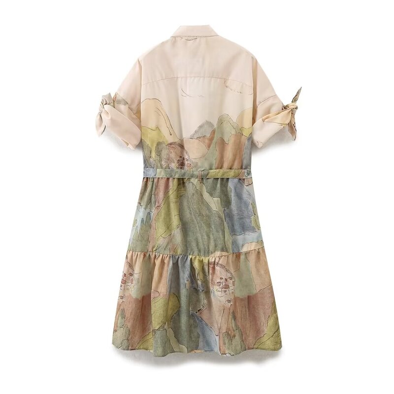 Women's 2024 New Chic Fashion With Belt Buckle Short Print Shirt Dress Retro Short Sleeve Bow Decorated Women's Dress Mujer