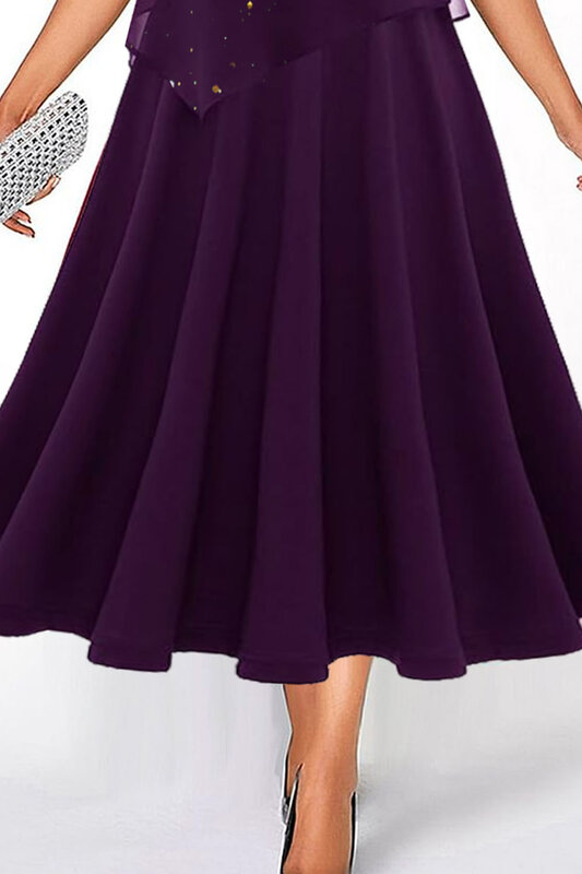 Flycurvy Plus Size Casual Purple Chiffon Glitter Print Asymmetric Layered Tea-Length Dress