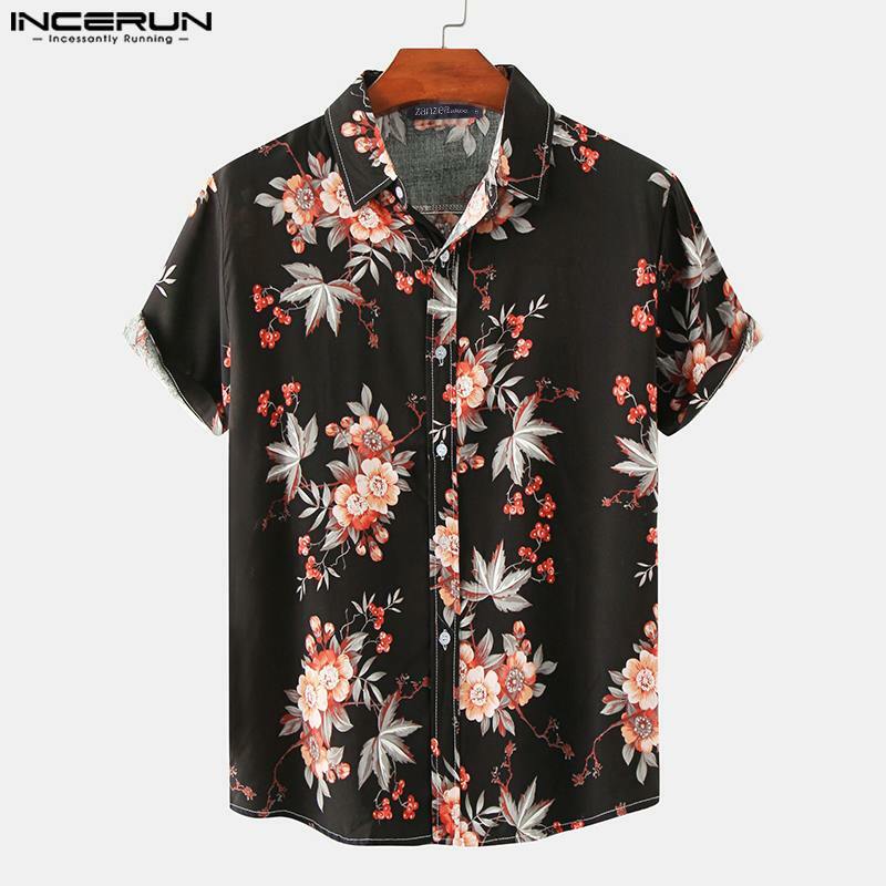 INCERUN-camisetas informales con estampado Floral para hombre, ropa de calle masculina, Blusa de manga corta con solapa, S-5XL 2024