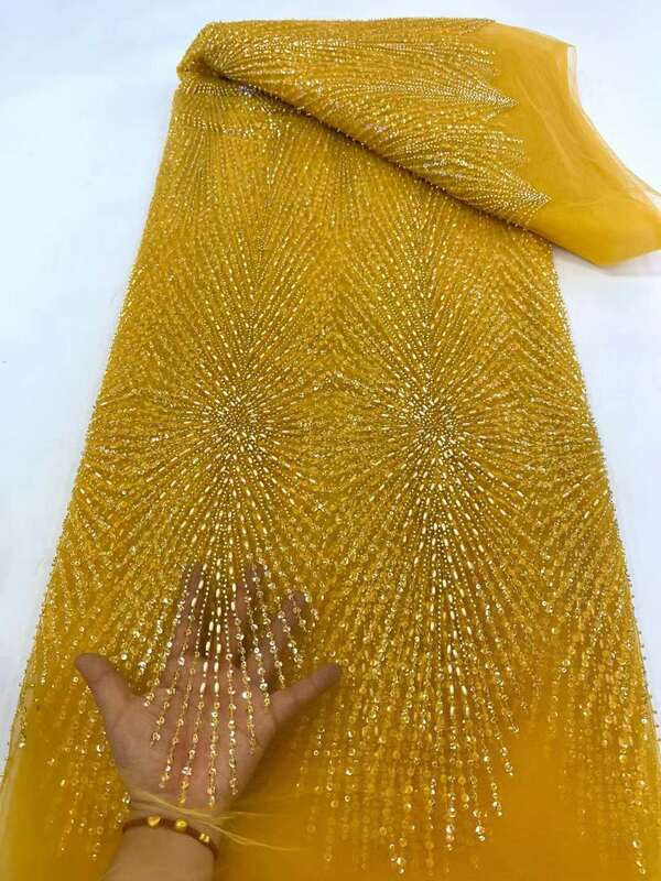 Paillettes nigeriane di alta qualità con perline pesanti africane di lusso 2024 con tessuto di Tulle francese in pizzo di perle per cucire abiti da festa