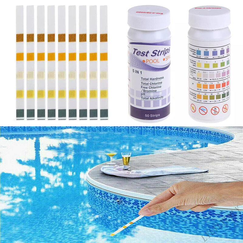 Tiras de prueba de PH y cloro multiusos, papel probador de agua para piscina, SPA, 50 piezas
