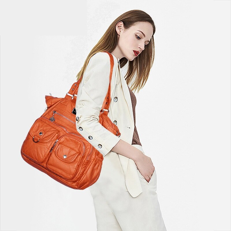 Angelkiss Women Handbags Multi-pockets Bag Washable PU Satchel Fashion Lady Shoulder Bag 13”x14” Casual Bags Tote Shoulder Purse