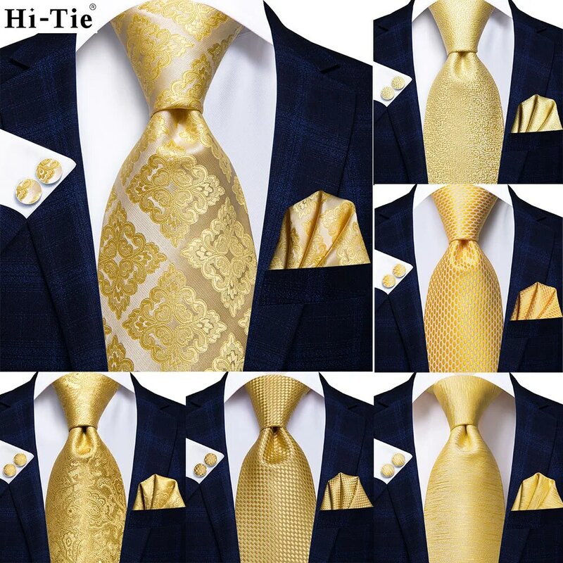 Hi-Tie desainer Yellow Gold Palid Paisley sutra dasi pernikahan untuk pria Hanky Cufflink hadiah pria dasi Gravata Set bisnis Dropship