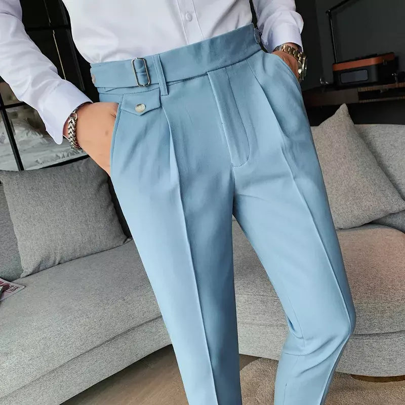 Мужские костюмные брюки, новинка 2023, деловые повседневные однотонные облегающие прямые строгие брюки в британском стиле, мужская одежда