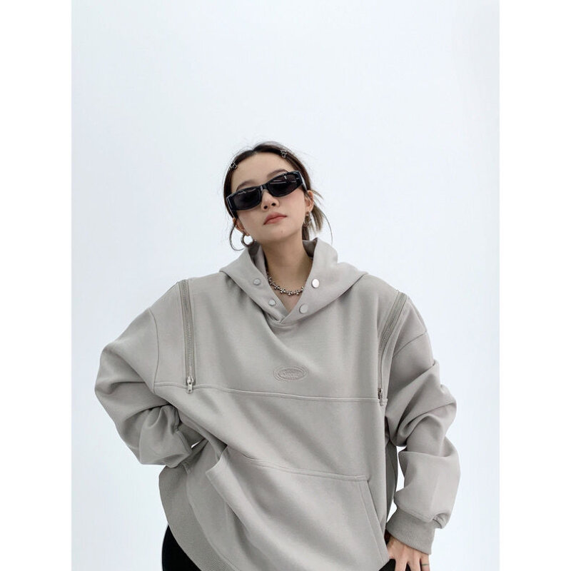 Retro Hooded Sweatshirt Loose Fall and Winter Premium Feeling Niche Shoulder Zipper Design Couple Tops Women Fashion Clothes