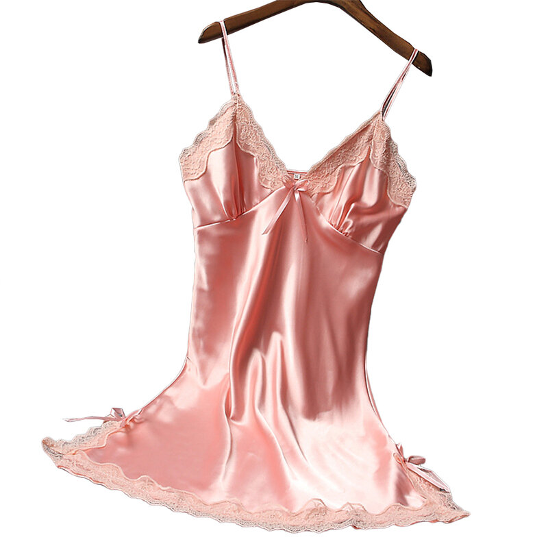Gorące damskie seksowne sukienki satynowa miękka koszula nocna na Spaghetti z paskiem koronkowa bielizna nocna damska gładka piżama sukienka typu Wrap szlafrok