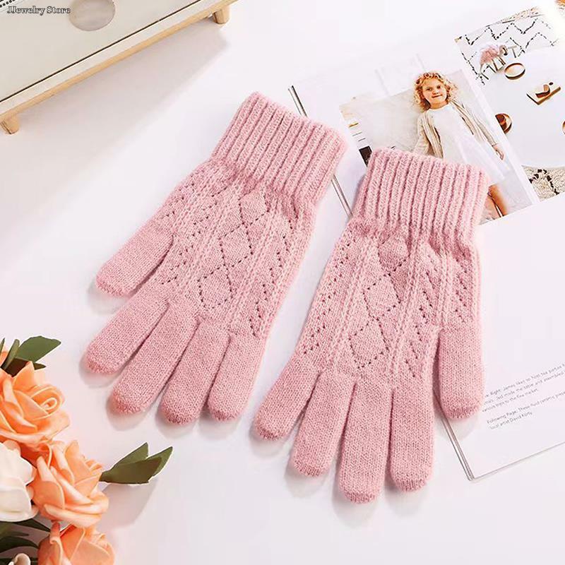 1Pair Women Warm Winter Touch Screen Gloves Stretch Knit Mittens Wool Full Finger Female Crochet Glove