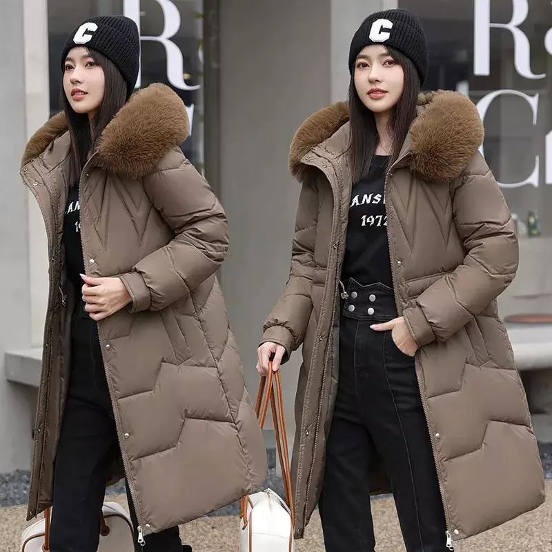 2023 nuove donne piumino di cotone giacca invernale parka cappotto con cappuccio grande collo di pelliccia spessa capispalla lunga moda imbottito R241