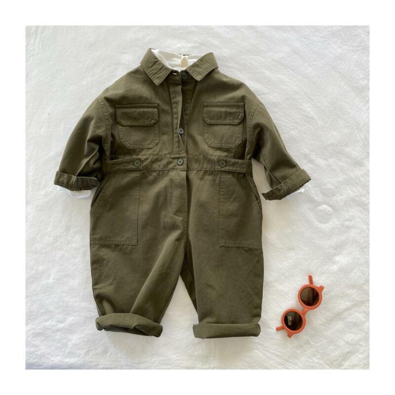 Kinder Overalls koreanische Kinder Kleidung Frühling Herbst reine Baumwolle Militär grün Turn-Down-Kragen Langarm Overalls
