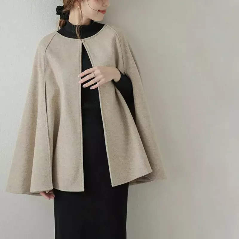 Ladies Windbreaker Coat Cloak Casual Wool Fashionable Blend Streetwear Leather Solid Color Buckle Cardigan Cloak Coat