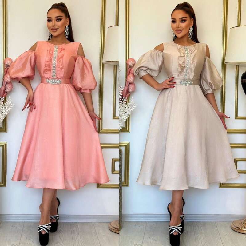Prom Dress Saudi Arabia Satin Beading Valentine's Day A-line O-Neck Bespoke Occasion Dress Tea Length