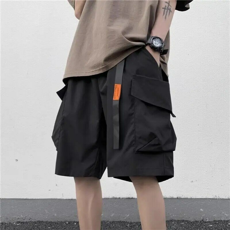 2024 Summer New Trousers Men's Spliced Elastic Tie Up with Solid Color Pockets Fashion Loose Casual All-match Commuter Shorts