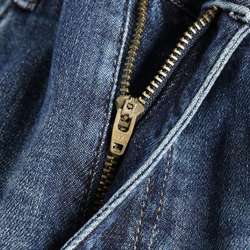 Celana panjang jeans biru bordir pria, celana panjang lurus kecil meregang nyaman kerajinan berat baru mode musim panas