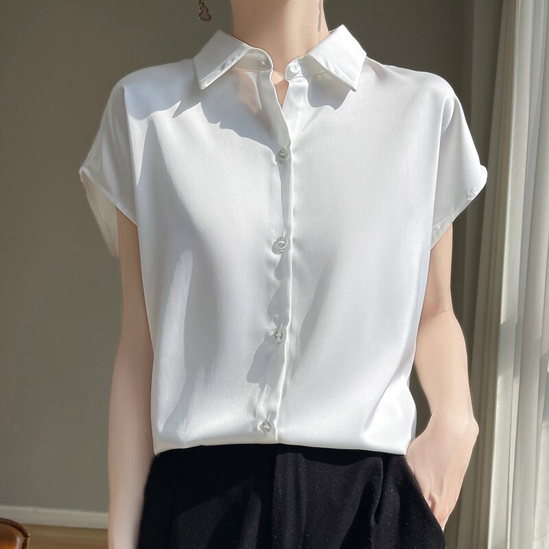 Женская атласная рубашка-поло с коротким рукавом, свободного покроя