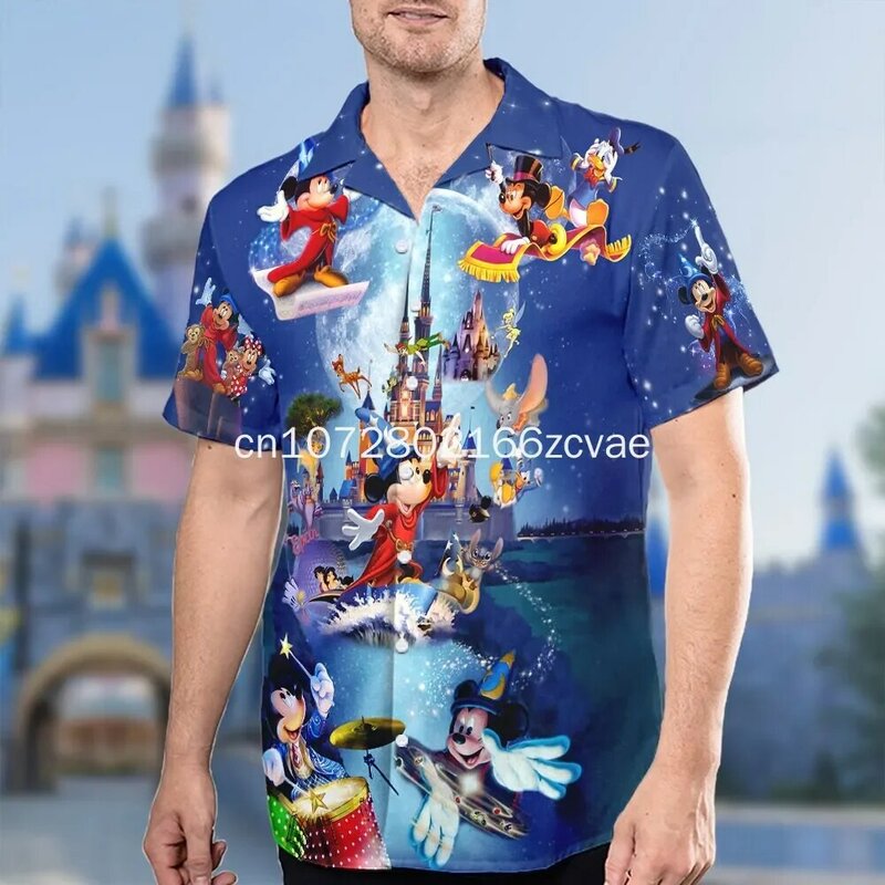 Disneyland เสื้อฮาวายแฟชั่นใหม่2024เสื้อฤดูร้อนแขนสั้นดิสนีย์มิกกี้ติดกระดุมริมชายหาด