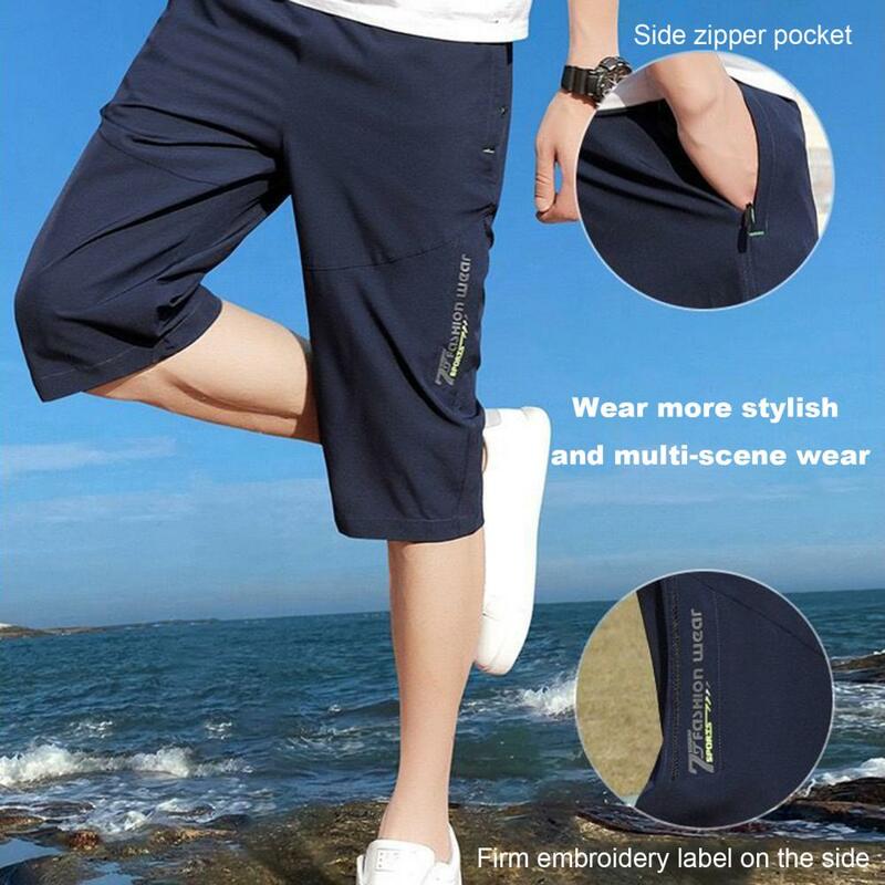 Summer Thin Ice Silk Shorts Breathable Mid-calf Length Men's Cropped Pants with Elastic Waist Zipper Pockets Soft for Comfort