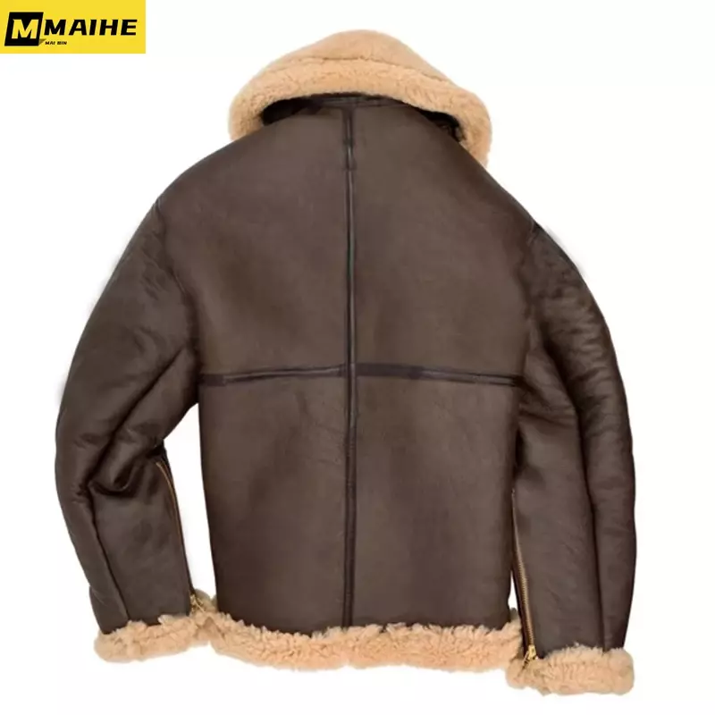 Chaqueta Bomber clásica de piel sintética para hombre, abrigo de piel de oveja, color marrón y negro, talla grande, Invierno