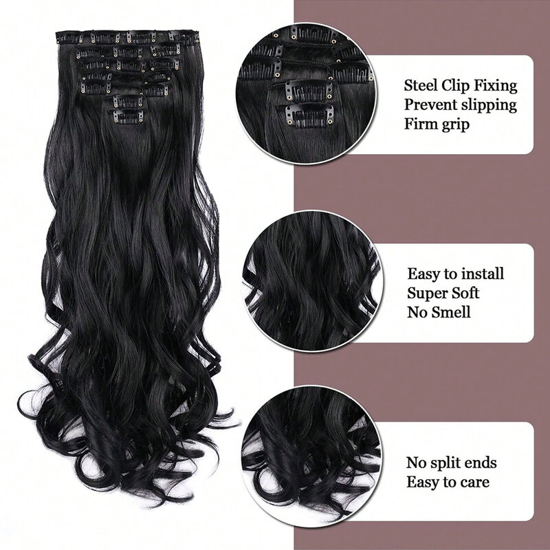 Black Friday 7Pcs 16 Clips 24 Inch Wavy Curly Full Head on Double Weft Hair Extensions Dark Black24 Inch For Women In Daily Use