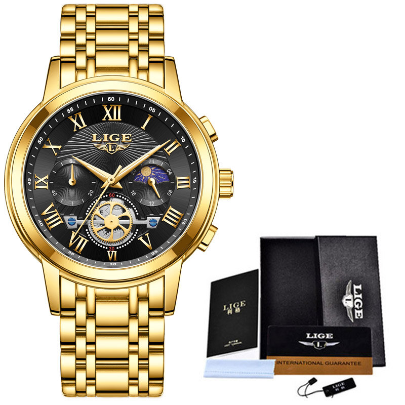 Lige-メンズ防水クォーツ時計、ゴールド、クロノグラフ、腕時計、スポーツ、トップブランド、高級ファッション