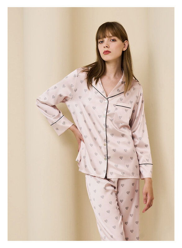 Birdtree-Conjunto de pijama de seda auténtica para mujer, traje de cuello de manga larga, pantalones transpirables, ropa de estar por casa cómoda y suave, S41456QD, 90%