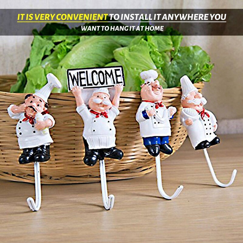 Pack Of 4 Resin French Chef Figurine Wall Hooks Decorative Cook Wall Mount Rack Hook Hanger(Assorted Style)