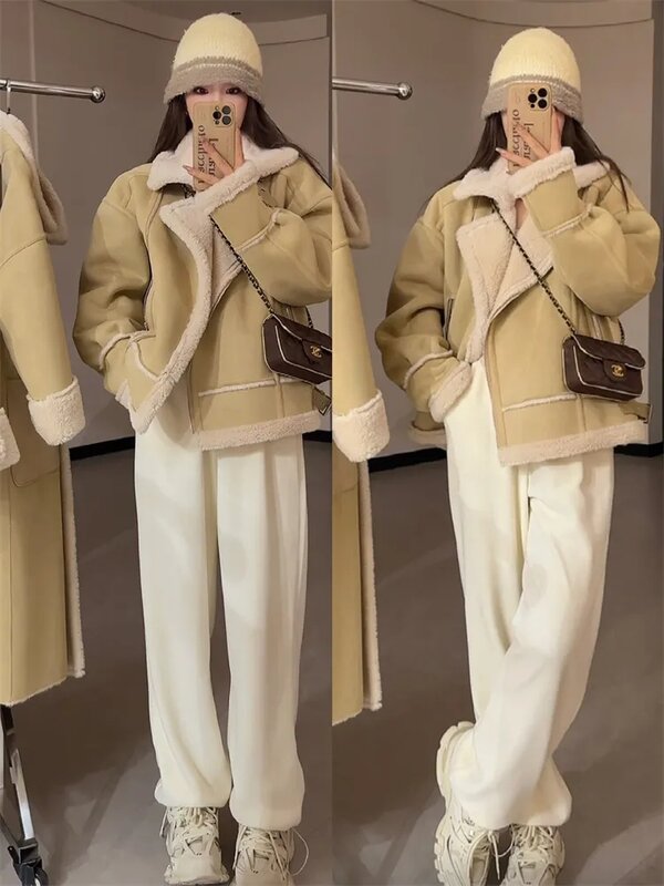 ชุดสูทมอเตอร์ไซค์หนังนิ่มแบบมีซิปสำหรับผู้หญิง, เสื้อโค้ทแบบขนแกะแขนยาวรุ่นใหม่สำหรับ2023ฤดูหนาวและเกาหลีสำหรับผู้หญิง