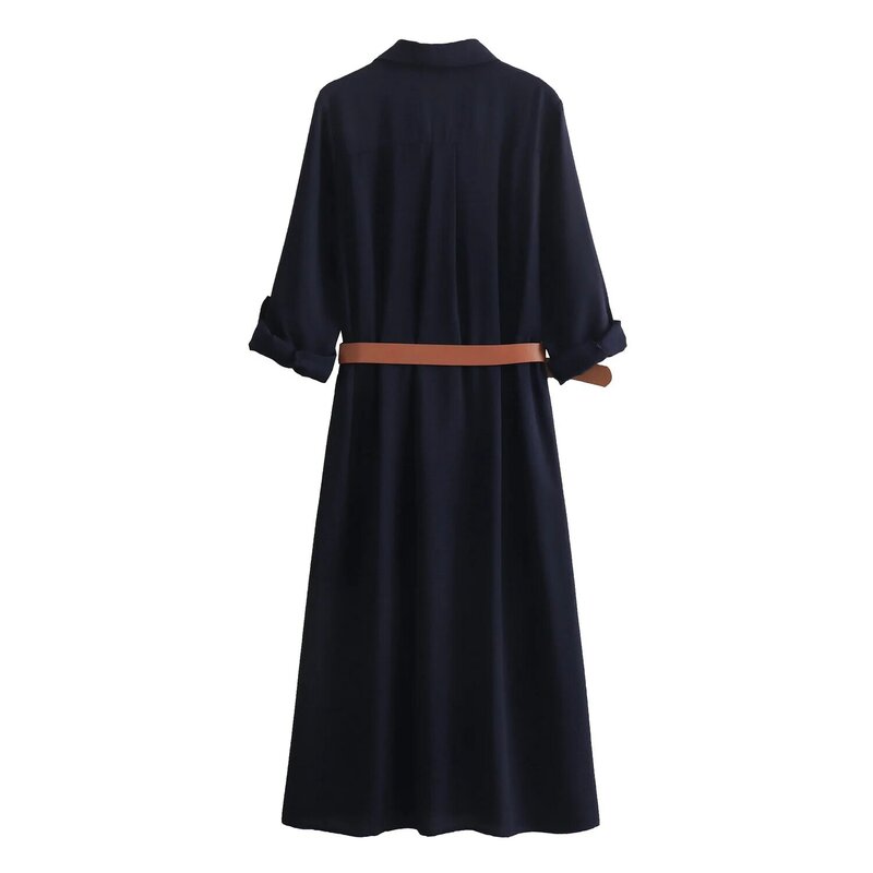 Женское платье-рубашка с поясом и длинным рукавом, осень 2024