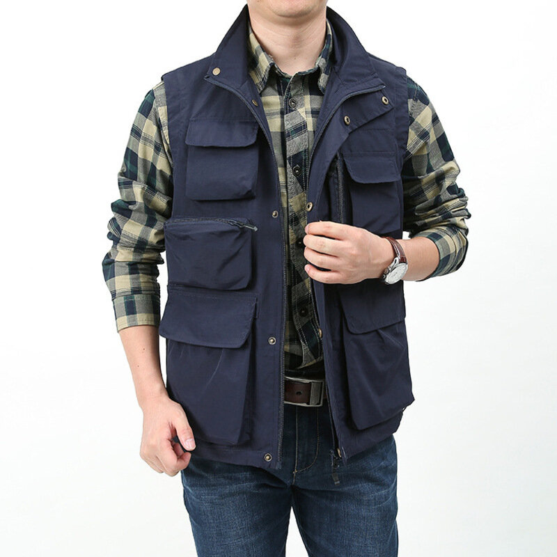 봄 데님 조끼 민소매 재킷, 여름 메쉬 남성 의류, 남자 멀티 포켓 작업 포켓, 전술 군사 낚시 코트
