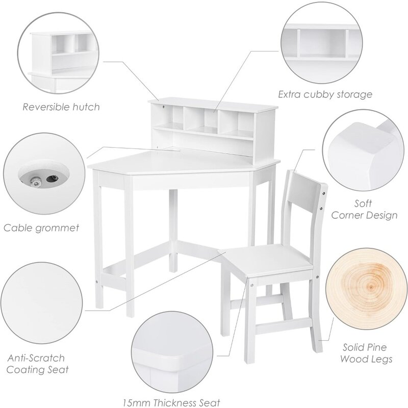 Kids Desk Kids Table and Chair Set Writing Desk With Storage and Hutch for Home School Use White Children's Furniture