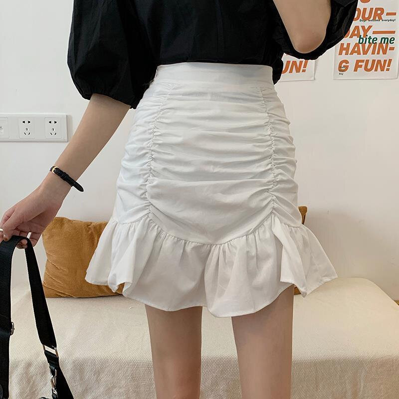 Deeptown Elegant Ruffle Women Mini Skirt White Sweet Sexy Pleated Short Skirts Korean Style Casual A-line Solid Cute Basic Skirt