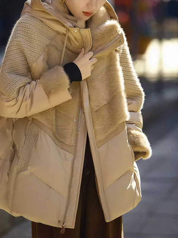 Jaqueta solta com capuz feminina, casaco acolchoado feminino, patchwork de tricô, algodão, quente, Casacos, inverno, 2024