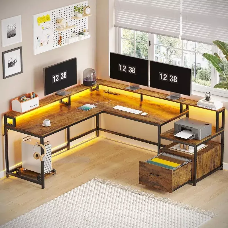 Biurko w kształcie SEDETA L, 66-calowy biurko do pracy w domu z szufladą na dokumenty i listwa sieciowa, biurko do gier z lampkami Led, narożne biurko komputerowe