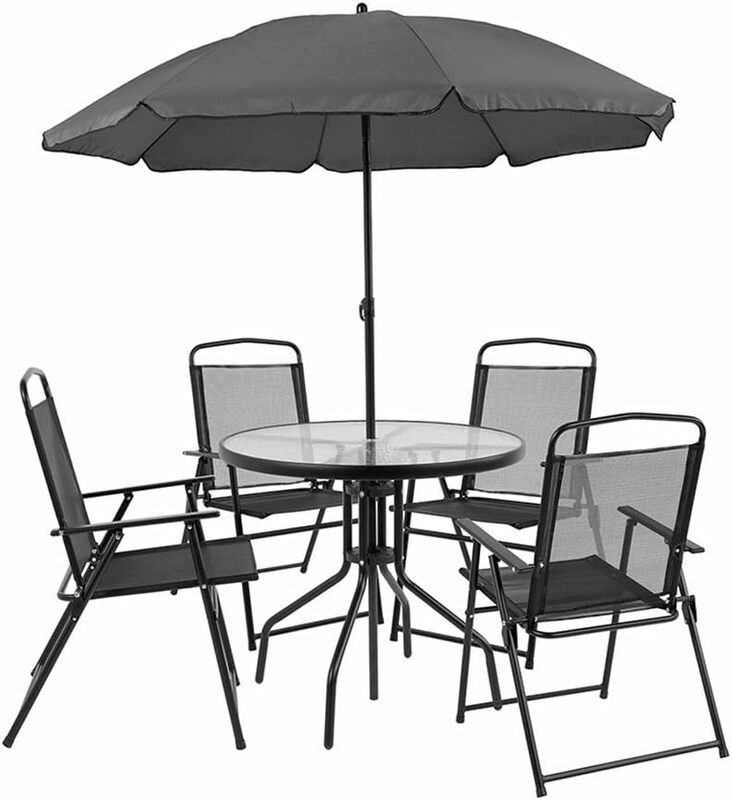 طقم طاولة حديقة نانتوكيت فناء ، طاولة مظلة فناء خارجية ، طقم من 4 كراسي قابلة للطي ، أسود وبني ، 6 ks