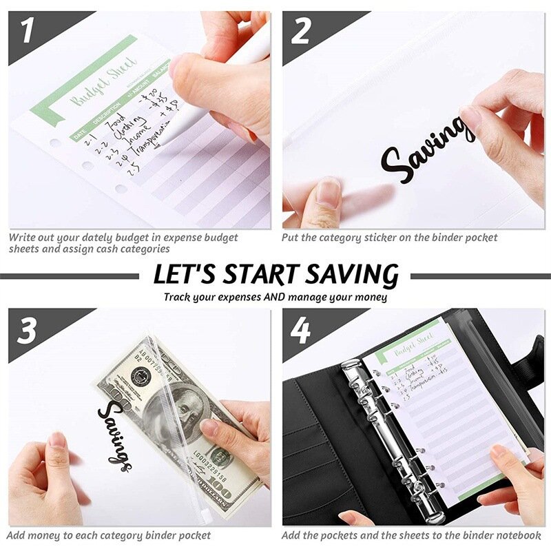 A6 Budget Binders Planner com Zipper, Envelopes, Carteira NoteBook, Organizador de Dinheiro, Sistema de Dinheiro, 6 Buracos, 8 Zipper, 2 Adesivos em 1