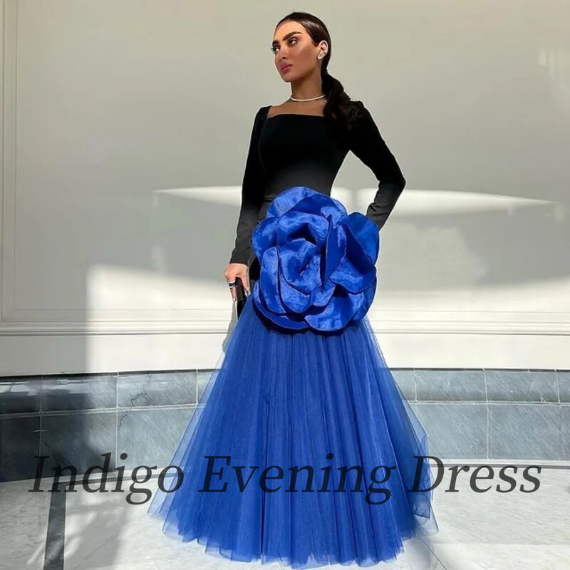 Gaun Prom kain Tule Royal Indigo gaun panjang selantai leher persegi gaun Vintage pesta Formal wanita bunga A Line 2024 الالالسsemi