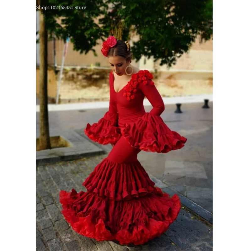 Vestidos de graduación de sirena de palacio Retro rojo, falda escalonada con volantes de Flamenca española, ropa de fiesta de baile Formal de flores