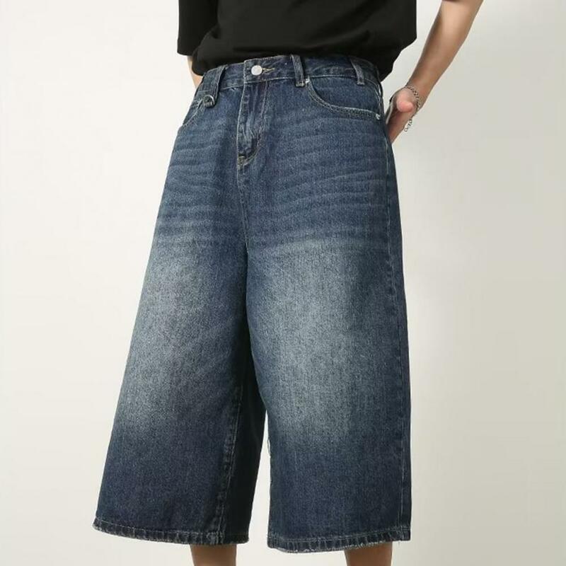 Calça Jeans masculina de verão cortada, cor gradiente, perna larga, botão, fecho de zíper, meados de origem, streetwear