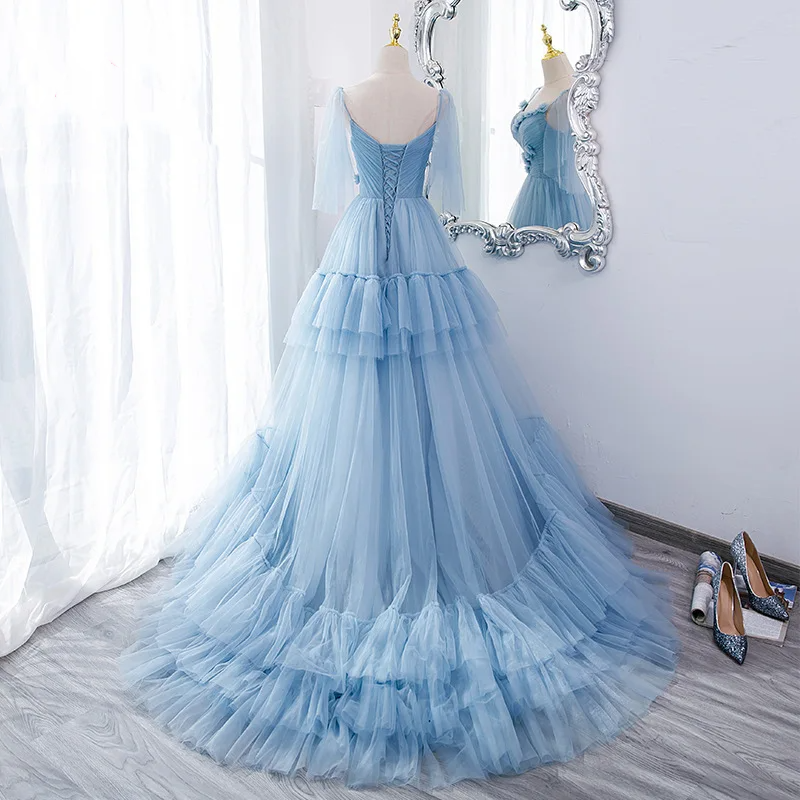 SHINY Women's Elegant Light Blue Tulle Pleated Layered Floor Sweeping V-neck Handmade Flower Evening Dress Party Ball