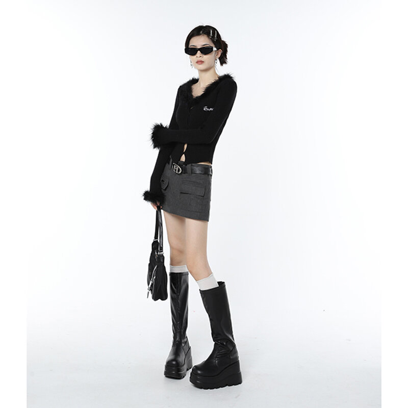 Y2K – Pull Chic à manches longues pour Femme, haut court en tricot, ajouré, mode coréenne, 2022