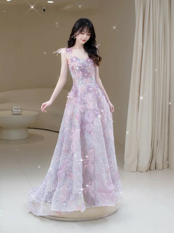 Purple Evening Dress Host Birthday Party Special Interest Light Luxury Sling Engagement
