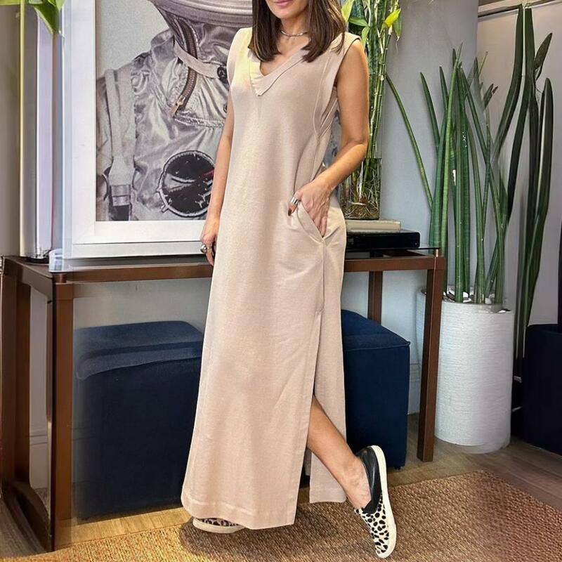 Langes Kleid mit V-Ausschnitt, elegantes Maxi kleid mit V-Ausschnitt und seitlichen geteilten Taschen für Frauen