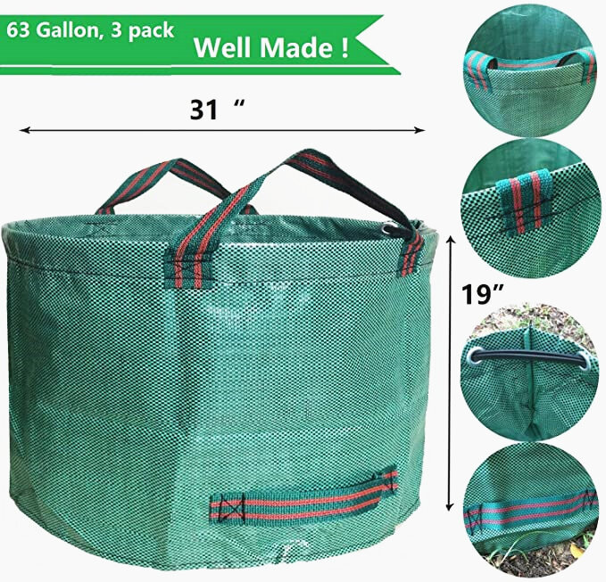 전문 3 팩 63 갤런 잔디 정원 가방, 재사용 가능한 마당 쓰레기 가방, 원예 잎 수집기 포함