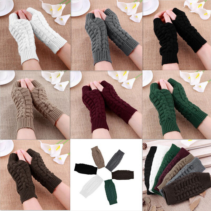 Luvas de meio dedo tricotadas para mulheres, luvas para meninas, lã macia quente, inverno