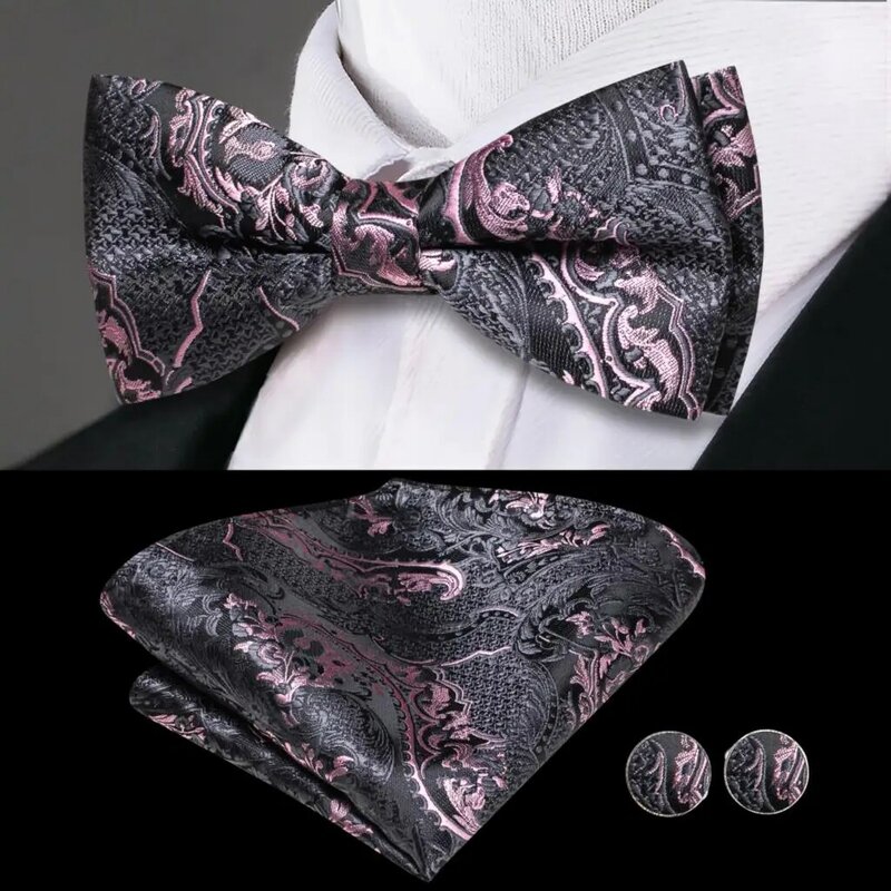 Hi-Tie Luxury Designer Paisley Pink Grey Cummerbund Bow tie Set Formal Tuxedo Corset Elastic Belt for Men Wedding Cummerbunds