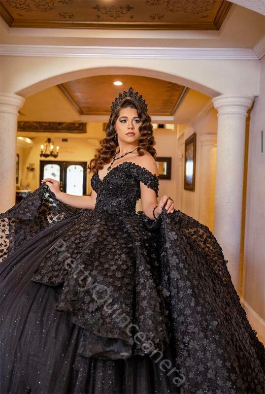 Black Charro Tiered Puffy Skirt Quinceanera Dresses Glitter Tulle 3D Flowers Lace Ball Gown Off Shoulder Lace Up Sweet 16 Dress