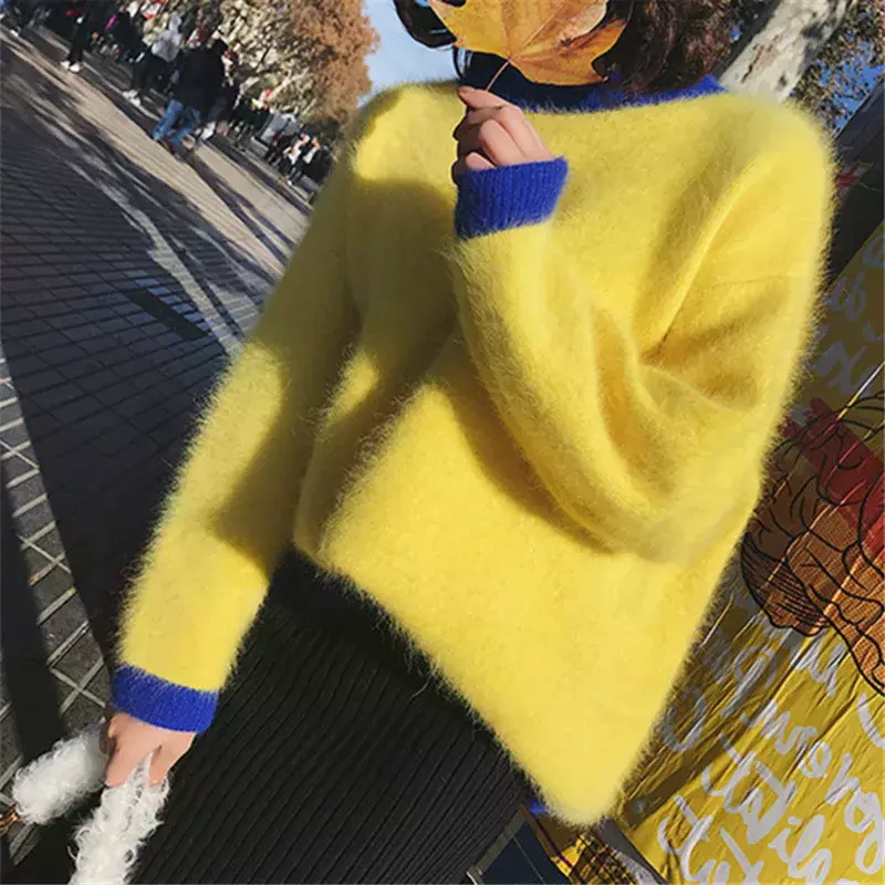 Mink kasmir pulover panjang lembut wanita, atasan Sweater hangat longgar rajut tebal Mohair musim gugur musim dingin elegan warna biru kuning