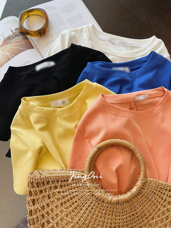 T-shirt dasar Y2k pakaian wanita 2024 musim panas gaya Mode Korea baru elegan mewah Vintage atasan pendek Kaos pendek muda